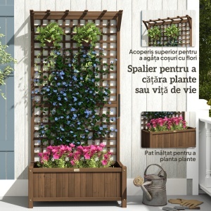 Jardinieră Ridicată pentru Exterior cu Spalier și Bară Superioară, Jardinieră din Lemn de Brad cu Găuri de Drenaj pentru Flori și Legume, pentru Grădină și Balcon, Cafeniu Întunecat - Img 5