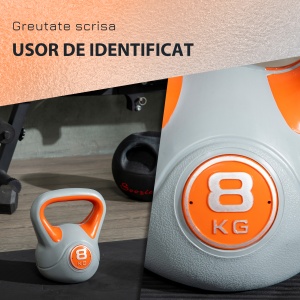 Kettlebell 8kg din PU si nisip cu baza plata si maner practic pentru deadlifting, genuflexiuni si lifting, 20x14x24 cm, portocaliu - Img 5