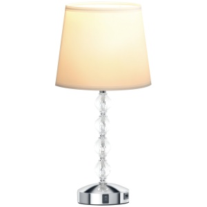 Lampă de Masă cu Buton și Port USB, Lampă Modernă din Metal, Sticlă și Poliester, Ø23x45 cm, Argintiu