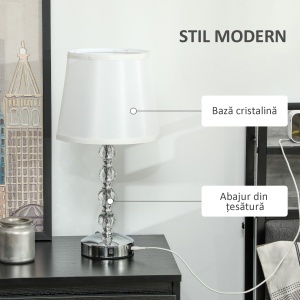 Lampă de Masă cu Buton și Port USB, Lampă Modernă din Metal, Sticlă și Poliester, Ø23x45 cm, Argintiu - Img 4