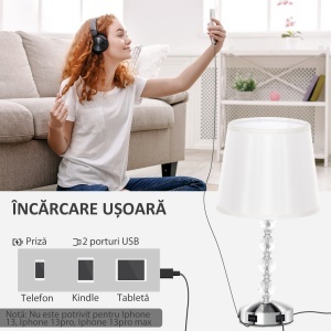 Lampă de Masă cu Buton și Port USB, Lampă Modernă din Metal, Sticlă și Poliester, Ø23x45 cm, Argintiu - Img 7