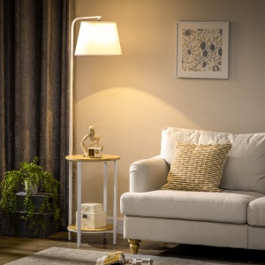 Lampa moderna de podea cu rafturi, cu masuta dubla din bambus, abajur din material textil, tonuri naturale - Img 2