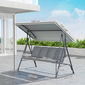 Leagăn de Grădină 3 Locuri cu Acoperiș Reglabil, Leagăn de Exterior cu Perne Căptușite din Poliester și Cadru din Oțel, Greutate Maximă 210 kg, 172x110x156 cm, Gri Deschis - Img 3