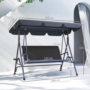 Leagăn de Grădină 3 Locuri din Ratan PE cu Acoperiș Reglabil și Suporturi pentru Pahare, Leagăn de Exterior cu Cadru din Oțel, Capacitate 320 kg, 204x112x150 cm, Gri - Img 3