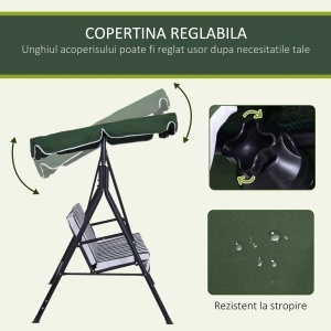 Leagăn de Grădină cu 3 Locuri și Parasolar Basculant, 172×110×153 cm, Verde - Img 4