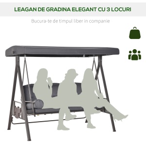 Leagăn de Grădină pentru 3 Persoane, Bancă Balansoar cu Copertină Reglabilă și Perne, 120x208x172 cm, Gri - Img 6