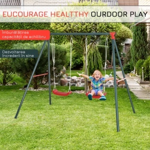 Leagăn Dublu pentru Copii 3+ Ani cu Structură din Metal, Leagăn de Grădină cu Coardă Reglabilă, Joc de Exterior, Max 45 kg, 239x156x180 cm, Verde și Roșu - Img 7