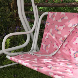 Leagăn pentru Copii de Exterior cu 2 Locuri, Acoperiș Reglabil și Centuri de Siguranță, Leagăn Grădină și Interior din Oțel și Material Oxford, Max 60 kg, 112x75x120 cm, Roz - Img 8