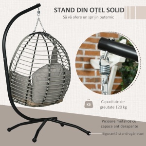 Leagăn pentru Exterior cu Pernă Capitonată, Scaun Suspendat pentru Terasă cu Suport Metalic, Cos Pliabil, 110x100x188 cm, Gri - Img 4