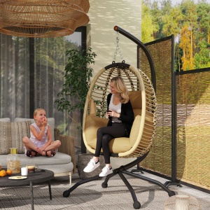 Leagăn pentru Exterior cu Pernă Capitonată, Scaun Suspendat pentru Terasă cu Suport Metalic, Cos Pliabil, 110x100x188 cm, Gri - Img 2
