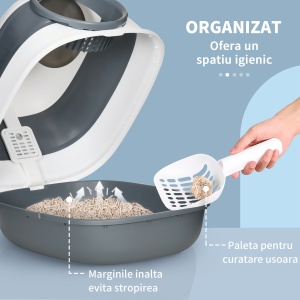 Litier pentru pisici 5 kg max cu paleta si deodorant incluse, design si maner pliabil, PP si ABS, 52x41x38 cm, alb si gri - Img 5