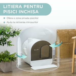Litieră pentru Pisici închisă cu Filtru, Paletă și Tavă Detașabilă, Structură din PP, 43x44x47 cm, Alb și Negru - Img 4