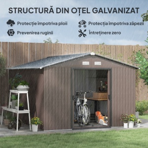 Magazie de Grădină 8.3m² din Oțel Zincat, Uși Duble Glisante, 277x322x192 cm, Maro - Img 4