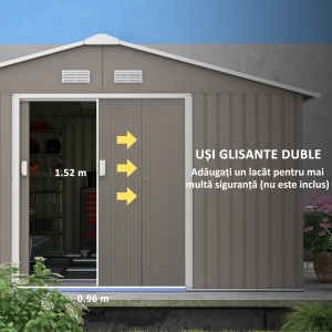 Magazie de Gradina cu Usi Duble Glisante si Acoperis Inclinat, Sopron de Gradina din Otel si PP, 3.4x4x2m, Gri - Img 5