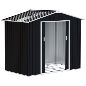 Magazie de grădină metalică 2,77 m², 213 x 130 x 185 cm cu fundație, uși culisante, gri închis - Img 1