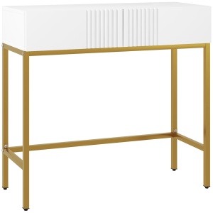 Masă Consolă cu 2 Sertare, Masă Modernă de Intrare cu Bază din Oțel în Ton Auriu, 80x31.5x75 cm, Alb - Img 1