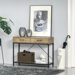 Masa Consola Vintage – Lemn & Metal cu Sertare & Raft - Img 2