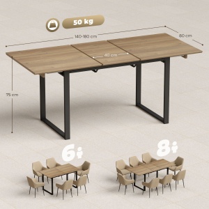 Masă de Dining Extensibilă pentru 6-8 Persoane cu Panouri Ascunse, Masă Extensibilă Dreptunghiulară cu Bază din Oțel, Stil Industrial, pentru Sufragerie, Culoare Lemn - Img 3