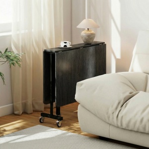 Masă de Dining Pliabilă, Masă de Bucătărie Rabatabilă cu Roți și Frâne pentru 4-6 Persoane, Masă Compactă cu Structură din Oțel, 120x80x73 cm, Negru cu Efect de Lemn - Img 9
