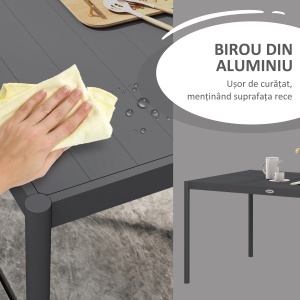 Masă de Grădină cu Lamele, Dimensiuni 145x90 cm, Masă de Dining pentru 6 Persoane, Rectangulară, din Aluminiu și Oțel, pentru Curte, Terasă, Balcon și Exterior, Gri Închis - Img 5