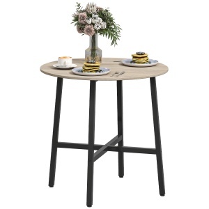 Masă de Prânz Rotundă în Stil Industrial pentru 2 Persoane cu Bază Încrucișată, Masă de Bucătărie din Lemn și Oțel, Ø80x75 cm, Negru și Culoare Lemn - Img 1