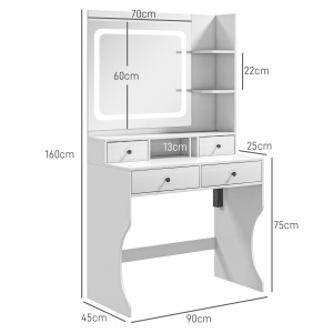 Masă de Toaletă cu Oglindă Iluminată LED, Masă de Machiaj cu Stație de Încărcare, 4 sertare și rafturi de depozitare, 90x45x160 cm, Alb - Img 3