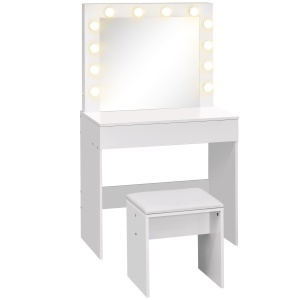 Masa Machiaj cu Oglindă LED 12 Lumini, Set cu Scaun Tapitat și Sertar Spațios, Mobilier pentru Dormitor, 80x40x140 cm, Alb - Img 1