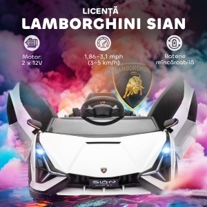 Mașină Electrică pentru Copii 3-5ani, Mașinuță Electrică Lamborghini cu Faruri, Muzică și Telecomandă, 108x62x40cm, Alb - Img 4