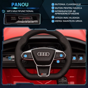 Masina electrica pentru copiii 37-60 luni Licenta Audi cu claxon si butoane muzicale, centuri de siguranta si faruri, PP si metal, 103x58x41 cm, rosu si negru - Img 5