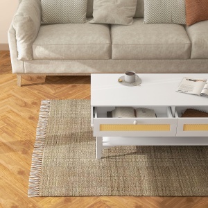 Măsuță de Cafea Dreptunghiulară cu 2 Sertare, Măsuță de Cafea Boho Joasă din Ratan și Lemn, 120x50x50 cm, Alb și Lemn - Img 9