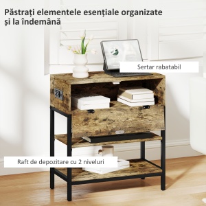 Măsuță de Canapea cu Sertar și 2 Rafturi în Stil Industrial, din Lemn și Metal, 60x30x66.5 cm, Negru și Maro - Img 5