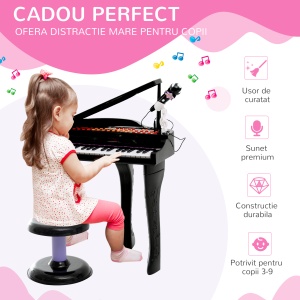 Mini Pian Copii – Cu Microfon si Scaunel, Negru - Img 4
