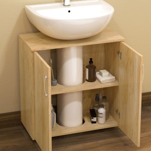 Mobilier de Baie Modern Sub Chiuvetă, Dulăpior Suspendat cu 2 Uși și 2 Rafturi, 60x30x60 cm, Lemn Natural - Img 8