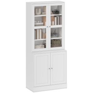 Mobilier de Bibliotecă cu 2 Dulapuri, Rafturi și Uși din Sticlă Alb