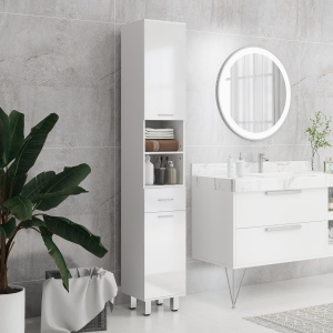 Mobilier pentru Baie cu 1 Sertar 3 Rafturi Ajustabile și 2 Dulapuri, 30x30x180 cm, Alb Lucios - Img 2