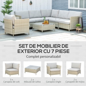 Mobilier pentru gradina 7 bucati, modular cu masuta, fotoliu, fotoliu de colt si 2 canapele din ratan PE cu perne, bej - Img 4
