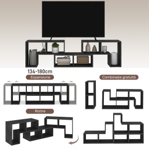 Mobilier TV 75" cu 2 Rafturi în Formă de L și Raft Dreptunghiular, 134-180x30,5x44 cm, Negru - Img 4