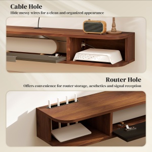 Mobilier TV Suspendat, Suport TV Până la 50" cu Sertar Rabatabil, 2 Rafturi Deschise și Orificiu pentru Cabluri, Mobilier pentru Televizor pentru Sufragerie, Dormitor și Sală de Stat, 120x24x16 cm, Nuc - Img 6