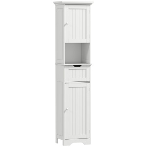 Mobilier Vertical de Baie din Lemn cu 2 Dulapuri cu Senzor, Raft Deschis și Sertar, 40x30x170 cm, Alb - Img 1