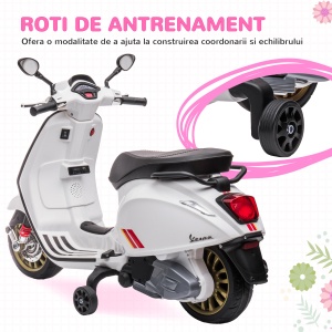 Motocicletă Electrică pentru Copii, Motocicletă cu Muzică, Două Motoare, Far, MP3, USB, Radio FM și 2 Roți de Antrenament, 107x47x73 cm, Alb - Img 6