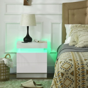 Noptiera alba cu lumina LED RGB, noptiera frontala lucioasa cu 2 sertare, pentru camera de zi, dormitor - Img 2