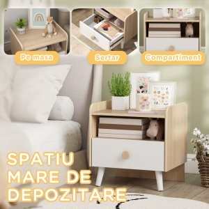 Noptieră cu Sertar pentru Copii 3-10 Ani, cu Design Minimalist pentru Dormitor, 40x32,5x40 cm, Lemn Natural - Img 4
