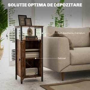 Noptieră în Stil Industrial cu 2 Rafturi Deschise și Raft Interior Reglabil pe 3 Nivele, 34x30x80 cm, Maro Rustic - Img 4
