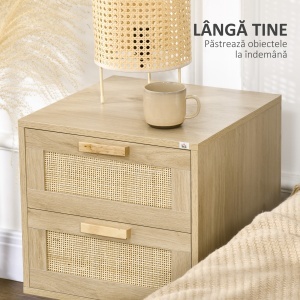 Noptiera pentru Dormitor cu 2 Sertare, Masuta de cafea in Stil Boho Elegante, 40x40x56cm, Culoare Lemn Natur - Img 6