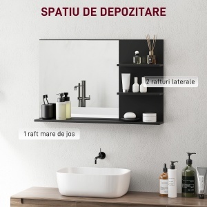 Oglindă de Baie cu 2 Rafturi Laterale și Raft Inferior Negru - Img 4