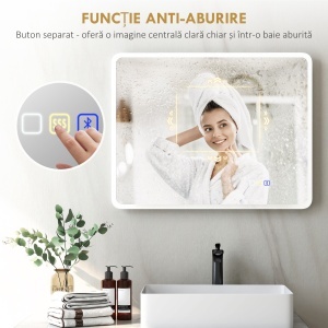 Oglindă de baie LED bluetooth 70 x 90 cm interruptor tactil lumină reglabilă 3 culori anti-abur memorie argintiu - Img 7