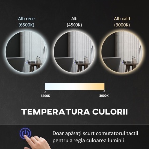 Oglinda de Baie Rotunda cu Lumina LED in 3 Culori si intrerupatoare Touch, Ø70x3.5 cm, Transparent - Img 6