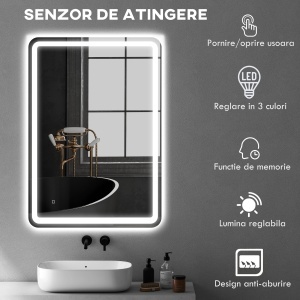 Oglindă de Baie Touch 70x100 cm cu LED 3 Tonuri de Lumină și Antiaburire - Img 5