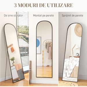 Oglindă de Podea și Perete Modernă din Aliaj de Aluminiu cu Suport Pliabil, 50x170 cm, Neagră - Img 7