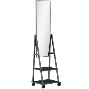 Oglindă Verticală cu 2 Rafturi și 4 Rotile, Oglindă de Podea din Oțel și PAL, 42x37x155 cm, Negru